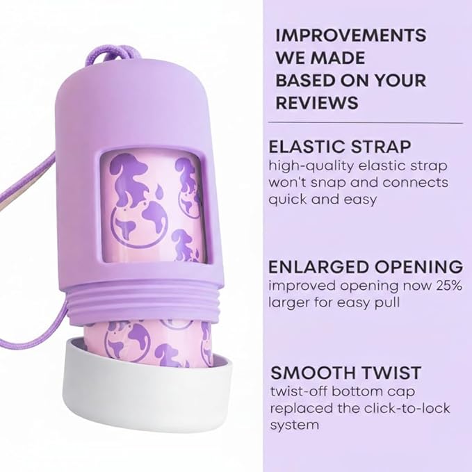 Dog Poop Bag Holder [2-Pack] | With 30 Extra-thick Dog Bags for Poop | Waste Bag Dispenser with Premium Soft-Touch Coating | Enlarged Dispense Opening, Stylish Color-Block Design (Lavender Cloud)