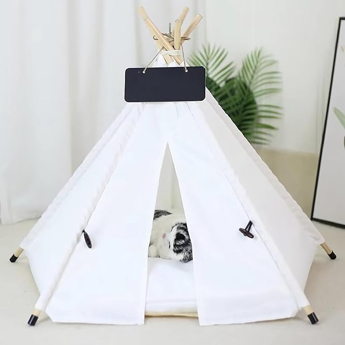 Cat Teepee Tent Bed,Outdoor Indoor Dog House,Portable Washable Pet Tent for Small Dogs with Cushion,Inside Pet Teepee for Small Medium Animals (White, M)