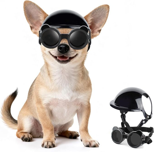 PETLESO Extra Small Dog Goggles and XSmall Dog Helmet, 2Pcs Anti-UV Doggy Sunglasses Cat Motorcycle Protecetive Helmet Set, Chihuahua Safety Hard Hat Outdoor Head & Eyes Protection, Black XS