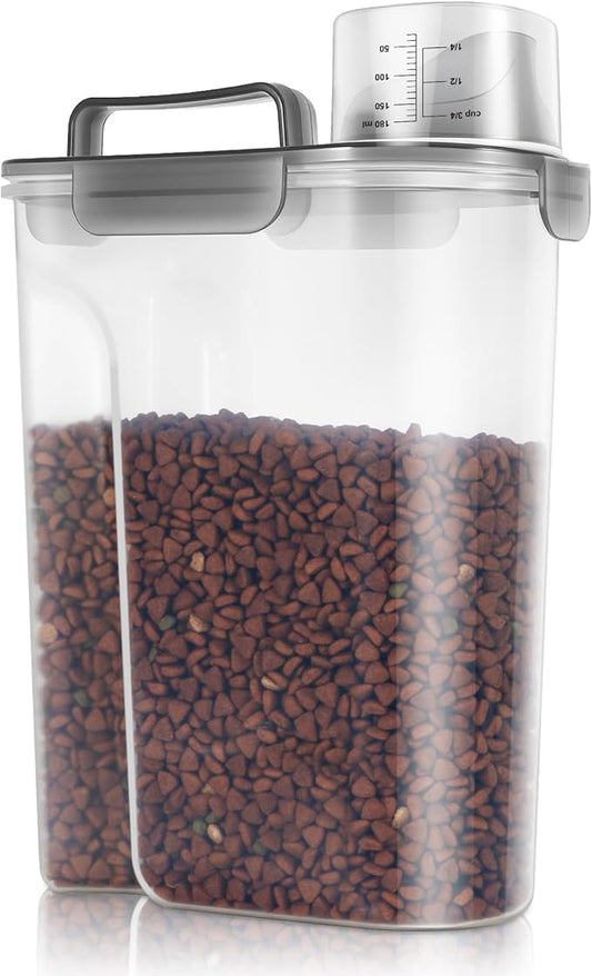 TBMax 5 Lbs Cat Dog Food Storage Container, Secondary Pet Food Storage Container Beyond a Large Dog Food Bin for Daily Use, Easy-Pouring Bird Seed Dispenser, Travel Kibble Holder -Transparent Grey