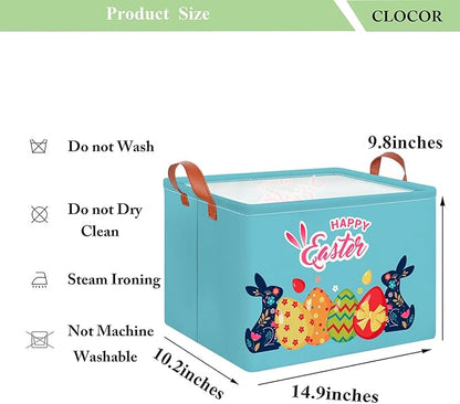 CLOCOR Rectangular Blue Easter Egg Gift Basket Empty,Waterproof Storage Basket with Handles,Room Decor(Blue Easter Bunny)