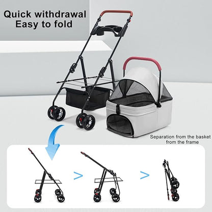 4 Wheels Pet Stroller for Medium Small Dog up to 50lbs, Folding Dog Stroller, 4 Wheels Cat Strollers, Travel Carrier, with Adjustable Handle, Detachable Pet Basket, Breathable Mesh (1 Set)