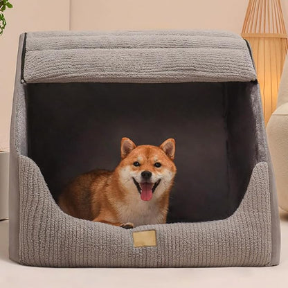 Large Dog House Indoor, Soft Plush Dogs Cave Bed Covered Pet Bed with Fluffy Washable Cushion, Portable Dog/Cat Pet Tent House for Medium Large Dogs (Grey, Medium)