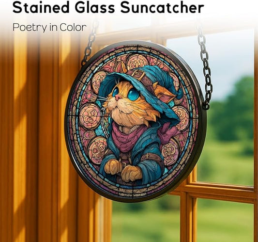 Stained Glass Window Hanging， Wizard Cat 7.8in Sun Catchers Indoor Window， Core Decor Inside and Outside The Cottage， Cute Feline Stained Glass Art， Unique Home Decor， Gifts for Women