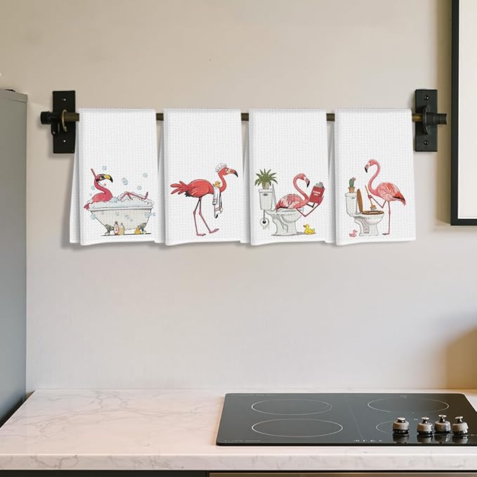 4 Pcs Funny Flamingo Hand Towels for Bathroom 24x14 Inch, Hot Pink Bird Reusable Dish Towels for Bathroom Restroom Decor, Waffle Weave Absorbent Hand Cloth Tea Towel, Flamingo Gifts for Women Mom