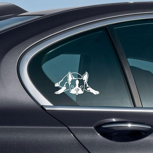 WIRESTER 6 inch Clear Vinyl Decal Sticker Decoration for Car Window (Or Any Flat Surface) - Boston Terrier Dog Lying Down Looking Up