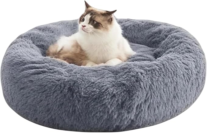 SALAN Calming Dog Bed for Small Dogs & Indoor Cats, 20 Inch Donut Pet Bed, Washable Round Fluffy Plush Faux Fur Cushion with Raised Rim & Anti-Slip Bottom, Soft Cozy Bed Fits Pets Up to 25 lbs (Khaki)