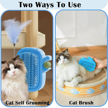 3-in-1 Cat Self Groomer Brush – Wall Corner Cat Scratch Pad with Catnip Ball & Feather Toy, Cactus-Style Wall Brush for Indoor Cats, Cats Massager & Face Scratchers for Fur Pets