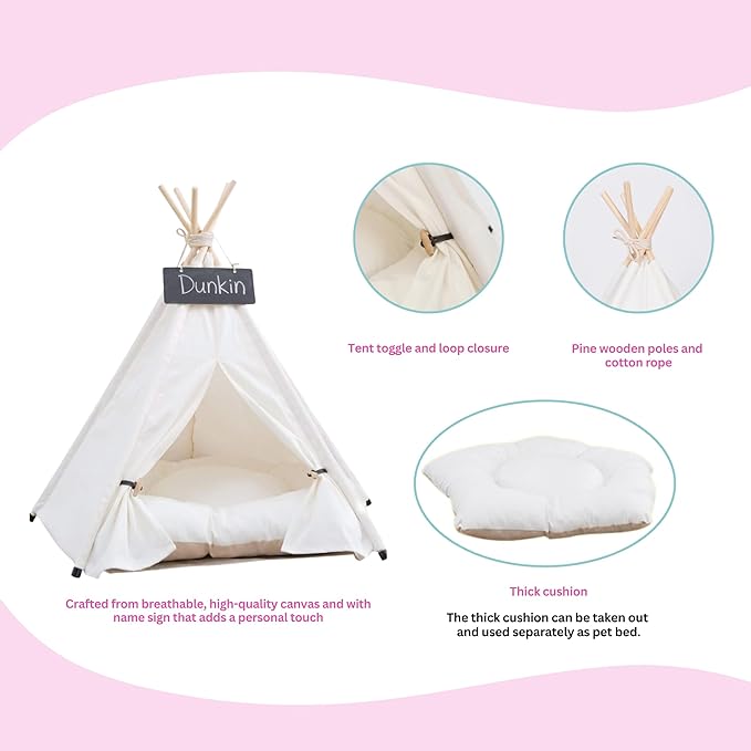 Pet Teepee Dog, Puppy and Cat Tents Tipi Bed Portable Houses with Thick Cushion for Pets Up to 33lbs, White