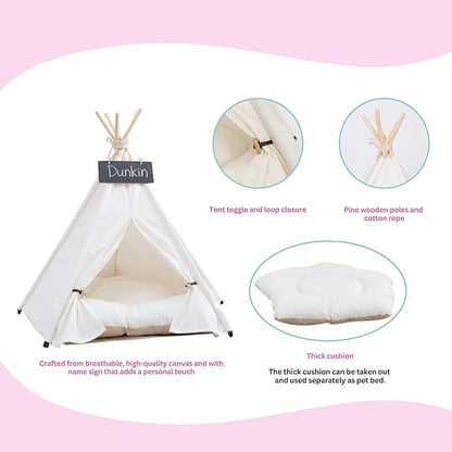 Pet Teepee Dog, Puppy and Cat Tents Tipi Bed Portable Houses with Thick Cushion for Pets Up to 33lbs, White