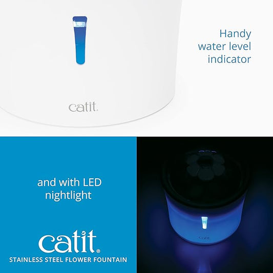 Catit LED Flower Fountain with Triple Action Filter, Cat Drinking Water Fountain, 3 L