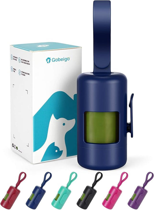 Gobeigo Dog Poop Bag Holder【Convenient Hook for Used Bags】【Silicone Strap Fits Any Leash】【Large Opening for Easy Dispensing】with 1 Roll Waste Bags (Blue)