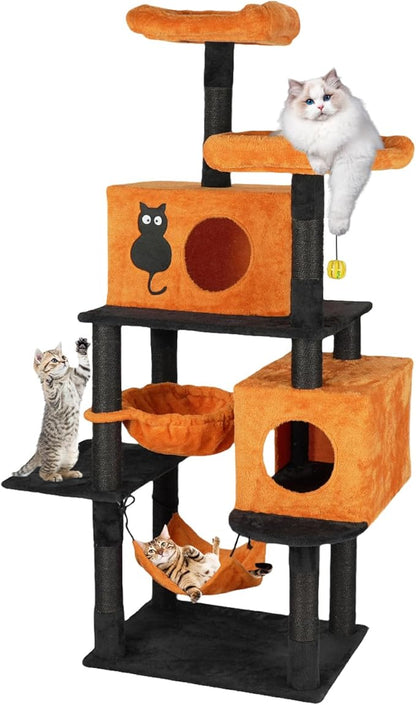 VINGLI 61.1in Halloween Cat Tree, Large Cat Tower with 2 Cat Condos, 2 Padded Perches, 2 Hammocks, Scratching Posts & Hanging Toy, Black & Orange Multi-Level Cat Furniture for Large Cats