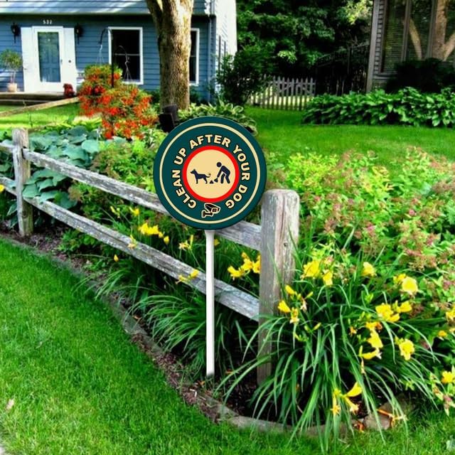 Uptell Metal Round Clean Up After Your Dog Yard Sign 9.2x9.2 Inch Classic Outdoor Lawn Decorations, Protect Your Grass & Property,With Stake 12.8"