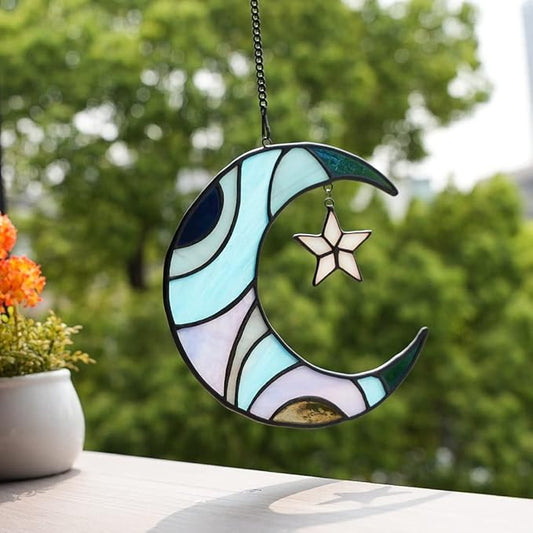 Stars and Moon Stained Glass Suncatcher - Window Decor Gift for Home Indoor - Crescent Moon and Star Decorations for Women