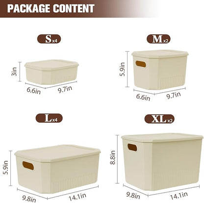 ANMINY 12PCS Plastic Storage Bins Containers with Lids, Large Storage Organization Bins Boxes, Lidded Plastic Storage Baskets for Closet Shelves Desktop, Ivory Lids, 2XL + 4L + 2M + 4S