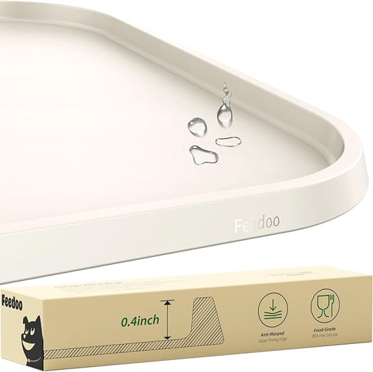 Pet Feeding Mat [Warped Resistant Raised Edge], Water-Proof Silicone Placement for Food Water Bowls, Anti-Slip Base Protect Floor, BPA-Free&Dishwasher-Safe [18.5x11.5inch Small, Sand White]