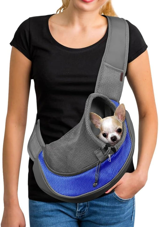 YUDODO Pet Sling Carrier for 5-9 lbs Small Dogs & Cats – Hands-Free Puppy Carrier with Safety Hook, Large Zipper Pocket, Soft Breathable Mesh, Adjustable Strap & Reflective Strip (Blue 1.0 M)