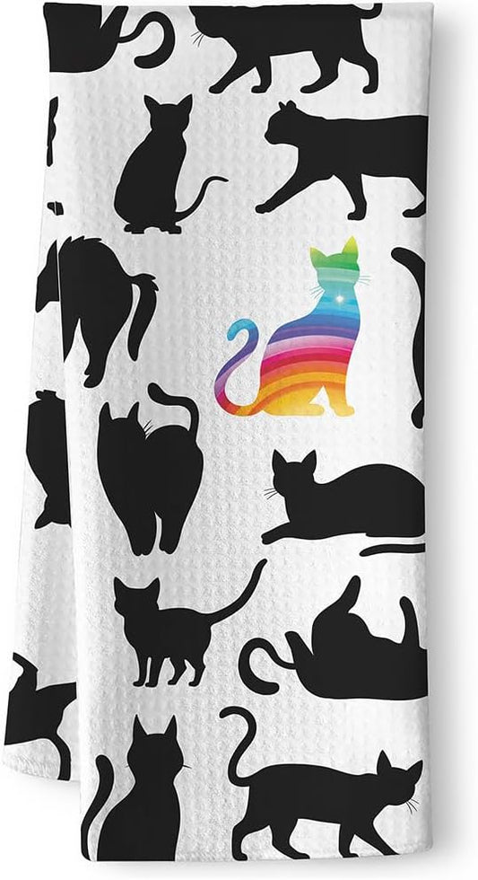 Funny Kitchen Towels - Rainbow Prismatic Feline Centerpiece Among Midnight Cat Flock, Empowering Decorative Hand Towel for Unique Cat Ladies & Nonconformist Pet Moms | Quick-Dry Novelty Dish Cloth