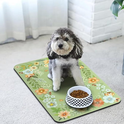 Dog Food Mats for Floors Waterproof, Pet Water Bowl Mats Pet Feeding Absorbent Placemats Flower 16 * 24 inch