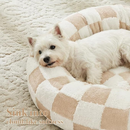 Checkered Dog Bed, Cute Beige Khaki Retro Style Aesthetic Round Warming Pet Calming Beds for Small Dog and Cats, Plush Cozy Donut Dog Beds Washable, 30" L x 30" W x 8" Th