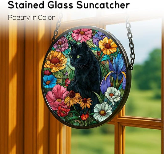 6.3in Stained Glass Window Hanging， Black Cat and Colorful Flowers Sun Catchers Indoor Window， Core Decor Inside and Outside The Cottage， Gifts for Women -721