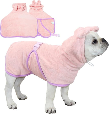 Pet Bathrobe for Dog Cat Absorbently Quick Drying Coat Cute Dogs Bath Towel Hooded Robe Adjustable Collar & Belly Strap for Pool Beach (Pink, Large)