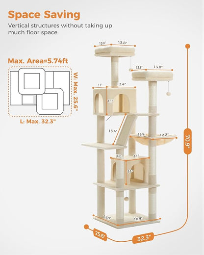 PAWZ Road Large Cat Tower, 70 Inches Tall Cat Tree with 2 Cozy Condos, 2 Plush Perch, Large Basket, 2 Scraching Pad & 6 Scraching Posts for Indoor Cats Adult, Beige