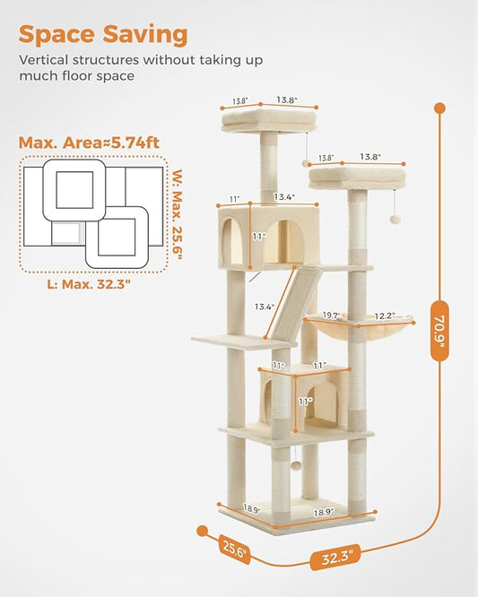 PAWZ Road Large Cat Tower, 70 Inches Tall Cat Tree with 2 Cozy Condos, 2 Plush Perch, Large Basket, 2 Scraching Pad & 6 Scraching Posts for Indoor Cats Adult, Beige