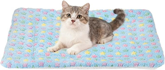 Dog Cat Bed Mat, Soft Coral Fleece Pet Cushion Pad with Cute Star Print, Warm Washable Pet Bed 23x18 Inches, (Blue), Intended for Medium Small Dog Cat