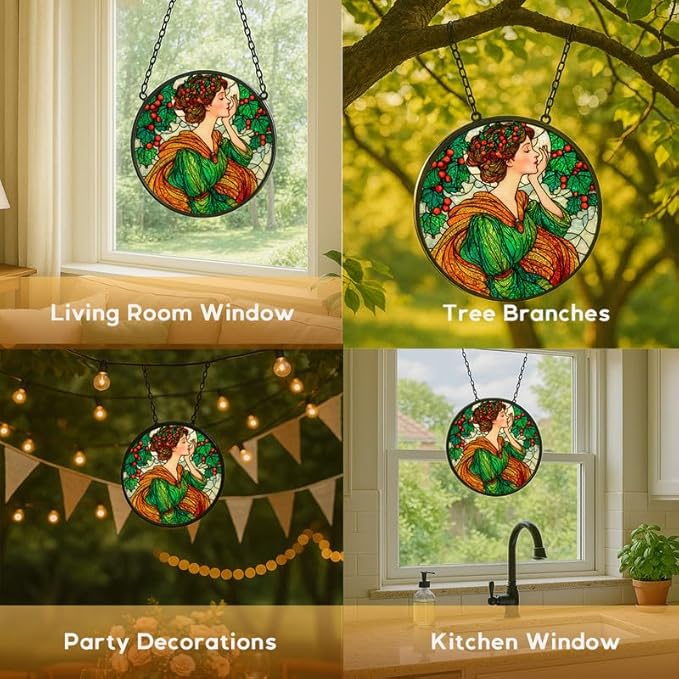 11.8in Stained Glass Window Hanging， Art Nouveau Woman with Holly Sun Catchers Indoor Window， Core Decor Inside and Outside The Cottage，Gifts for Women