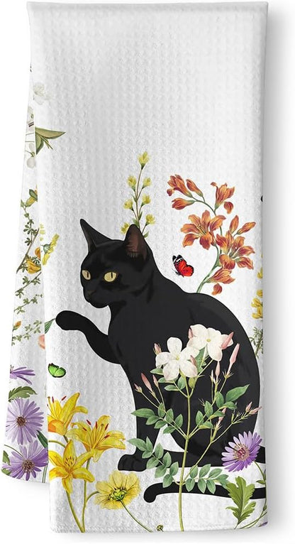 Cat Kitchen Towels - Quick-Dry Cat Hand Towels in Blooming Floral Tapestry, Contrast Art Dish Towel for Garden Pet Moms | Decorative Dish Towel & Verdant Home Accent, Floral Towel Gift