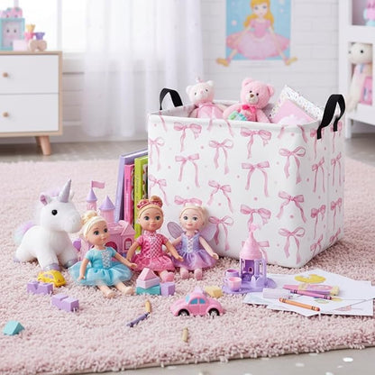 Rectangular Baby Kids Storage Basket for Home Kitchen Girls Cute Toy Storage Bin Organizer Shelf Book Room Decor(Dot Bowknot)