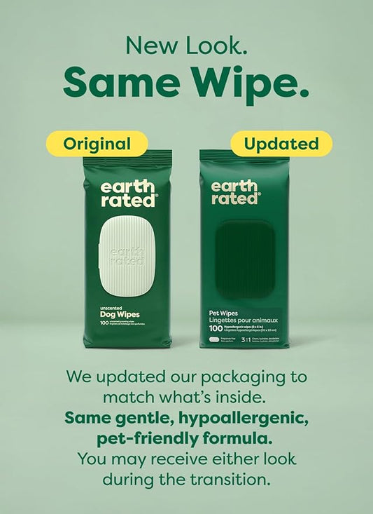 Earth Rated Pet Wipes for Dogs and Cats, Hypoallergenic, 3-in-1 Cleaning, Deodorizing and Hydrating, for Grooming Paws, Body and Butt, Unscented, 100 Count