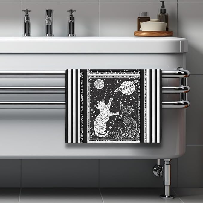 Cat Kitchen Towels - Quick-Dry Monochrome Star-Gazing Cats Art, Duo Obsidian & Ivory Silhouettes Hand Cloth for Celestial Pet Moms | Decorative Dish Towel & Ethereal Home Accent, Astronomical Gift