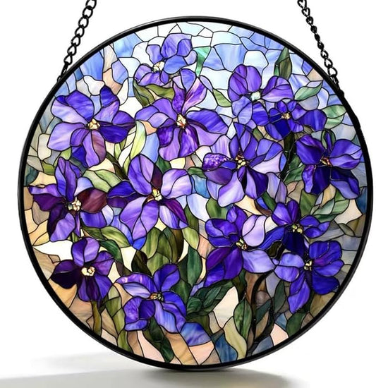 Stained Glass Window Hanging Lilac Stained Glass Style Suncatcher Round Purple Flower Window Hanging Decorative Panel Sun Catcher for Home Window Garden Gift