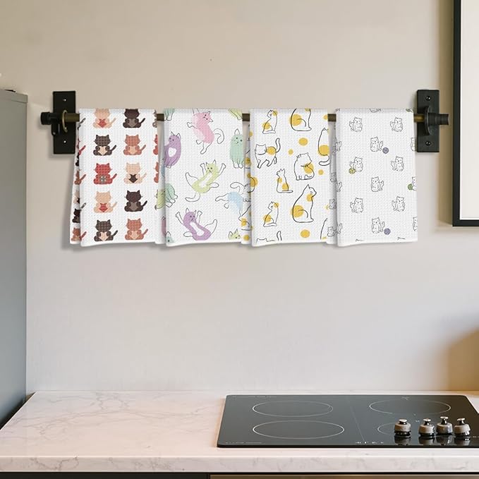 Hanamiya Na 4Pcs Cute Cat Kitchen Towels, Whimsical Decorative Absorbent Microfiber Dish Cloth Tea Towel, Durable Hand Towels for Farmhouse Home Bathroom, Cat Lover Gifts 1