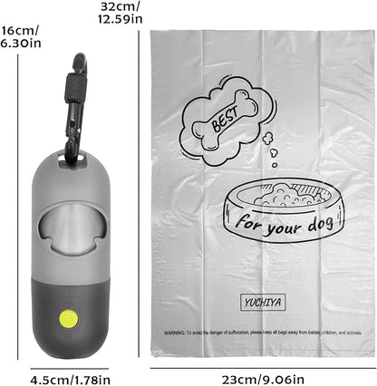 Dog Poop Waste Bags Holder with LED Flashlight|Cute Doggie Poo Bags Dispenser for Pet Leash|Trash Waste Bags Carrier with Potty Clip Fastener LR44 Button Cells Included (Grey, 2 Holder 30 Bags)