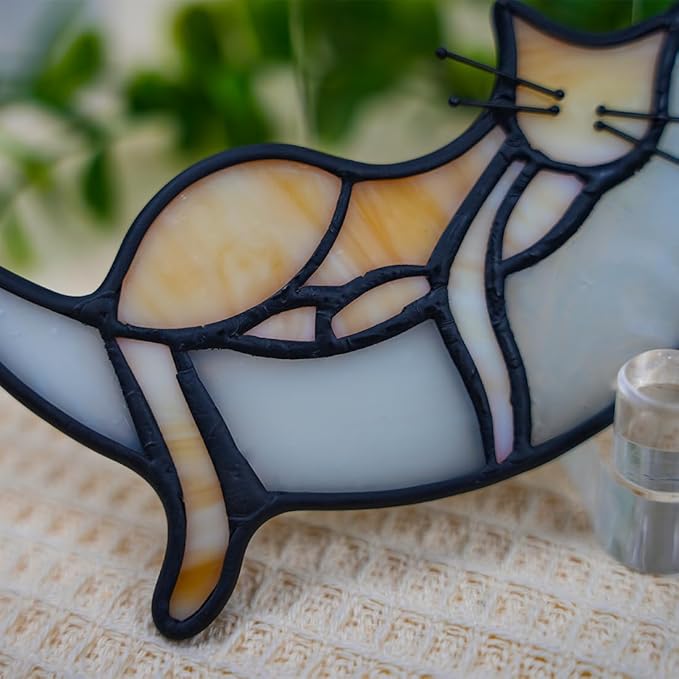 BOXCASA Stained Glass on Moon Cat Windown Hanging,Handcrafted Suncatcher Orange Cat Mom Gifts for Women,Daughter,Mothers Day,Christmas