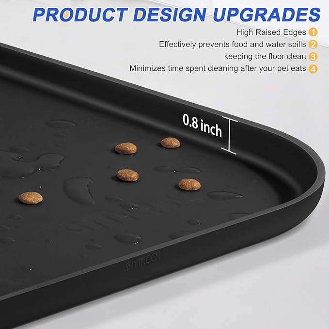 Silicone Pet Feeding Mat with Raised Edge for Food and Water, Dog Bowl Mats, Cat Bowls Placemat with High Lip for Floor Waterproof, Rubber Tray for Cats and Dogs 24 x 16 x0.8 Black
