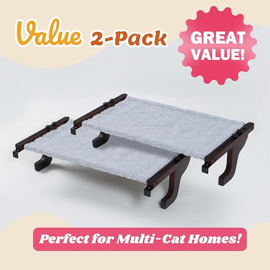 Zakkart 2PC Easy Seat Cat Perch for Window Sill - Hammock Design w/Pine Wood & Robust Metal Frame - Cat Window Seat for Large Cats and Kittens (Dark Stained Wood w/Gray Bed, Medium (23''W x 14''D))