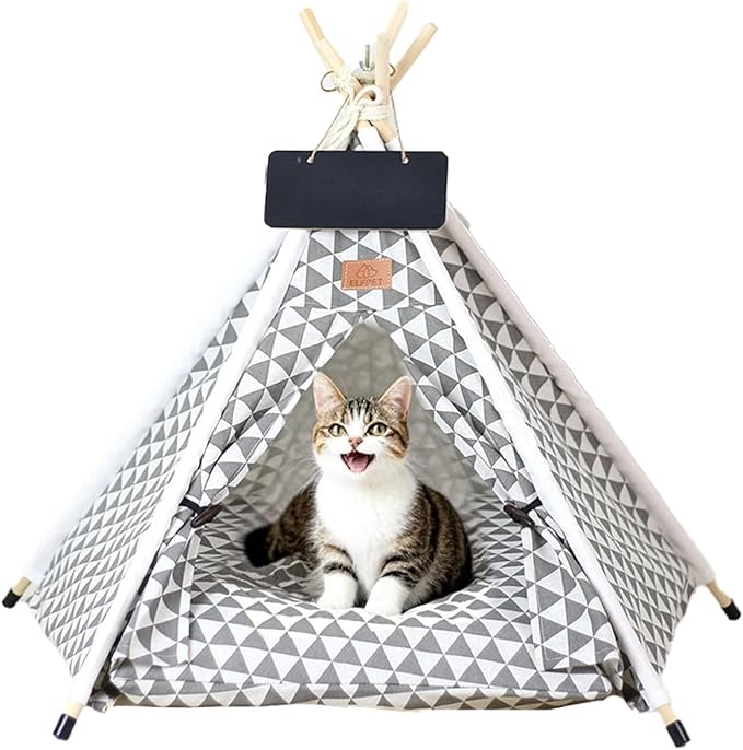 Pet Teepee Tent for Dogs & Cats - Cozy Dog House with Thick Cushion, Soft Cotton Canvas Pet Bed, Portable & Washable Pet Tent for Indoor & Outdoor Use, Easy Assembling for Small Pets
