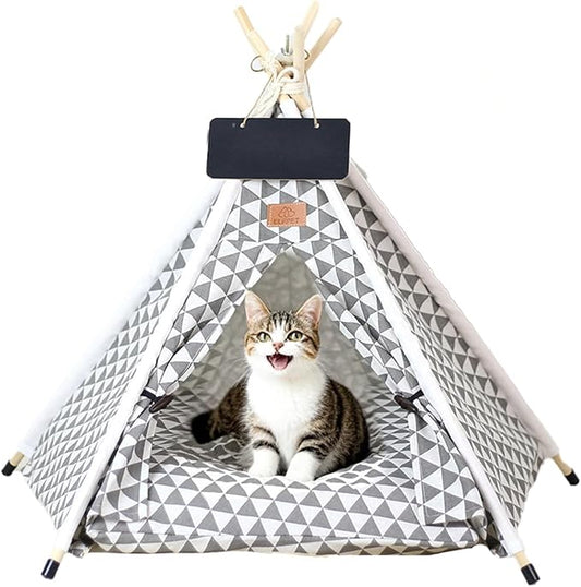 Pet Teepee Tent for Dogs & Cats - Cozy Dog House with Thick Cushion, Soft Cotton Canvas Pet Bed, Portable & Washable Pet Tent for Indoor & Outdoor Use, Easy Assembling for Small Pets