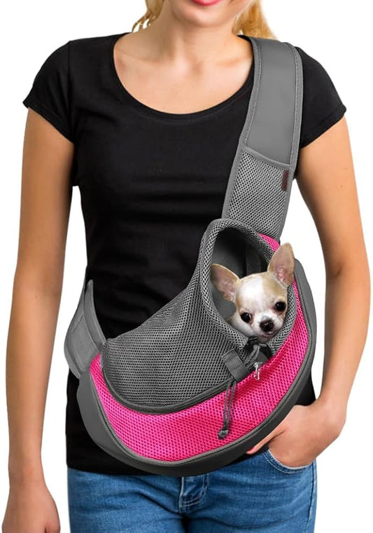 YUDODO Pet Sling Carrier for 5-9 lbs Small Dogs & Cats – Hands-Free Puppy Carrier with Safety Hook, Large Zipper Pocket, Soft Breathable Mesh, Adjustable Strap & Reflective Strip (Pink 1.0 M)