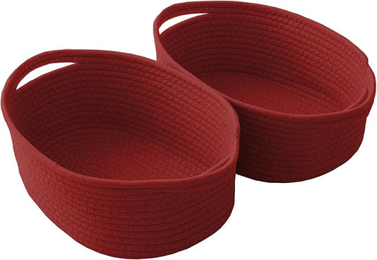 Woven Basket,Small Rope Storage Bin with Handles & Ribbon Bag, Organizer for Shelves Closets,Gift Basket Empty for Birthday,Books,Dog Toys, Red/2 Pack