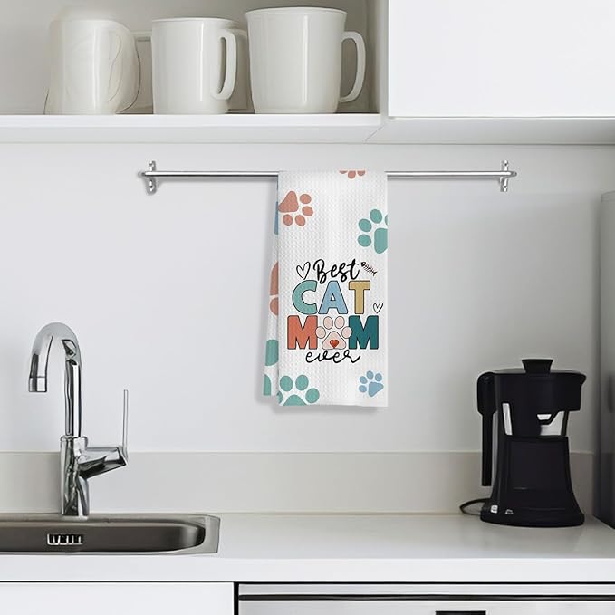 Best Cat Mom Ever Kitchen Towels, Cat Mom Lady Lover Gifts for Women, Cute Kitty Kitten Paw Decorative Dish Tea Hand Towels for Kitchen Bathroom, 16x24 Inches(Style D)