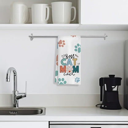 Best Cat Mom Ever Kitchen Towels, Cat Mom Lady Lover Gifts for Women, Cute Kitty Kitten Paw Decorative Dish Tea Hand Towels for Kitchen Bathroom, 16x24 Inches(Style D)