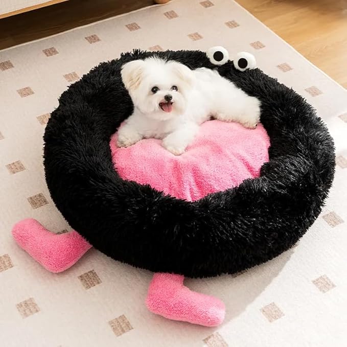 Calming Cat Bed for Anxiety - Cozy Donut Dog Bed with Warming & Machine Washable, Soft Faux Fur Plush Round Cushion for Small Medium Cats & Small Dogs, 21.6 Inches