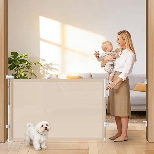 78" Retractable Extra Wide Baby Gates for Doorways, Long Mesh Dog Gate for Large Openings, Indoor Outdoor Pet Gate for Deck Porch Kitchens Hallways, 34" Height, Beige