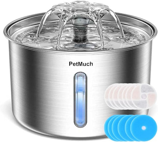 Cat Water Fountain Stainless Steel, 102oz/3L Automatic Pet Water Fountain with 6 Replacement Filters & 6 Pre-Filter Sponges for Cats, Dogs (Cat Fountain + 6 Filters + 6 Sponges)